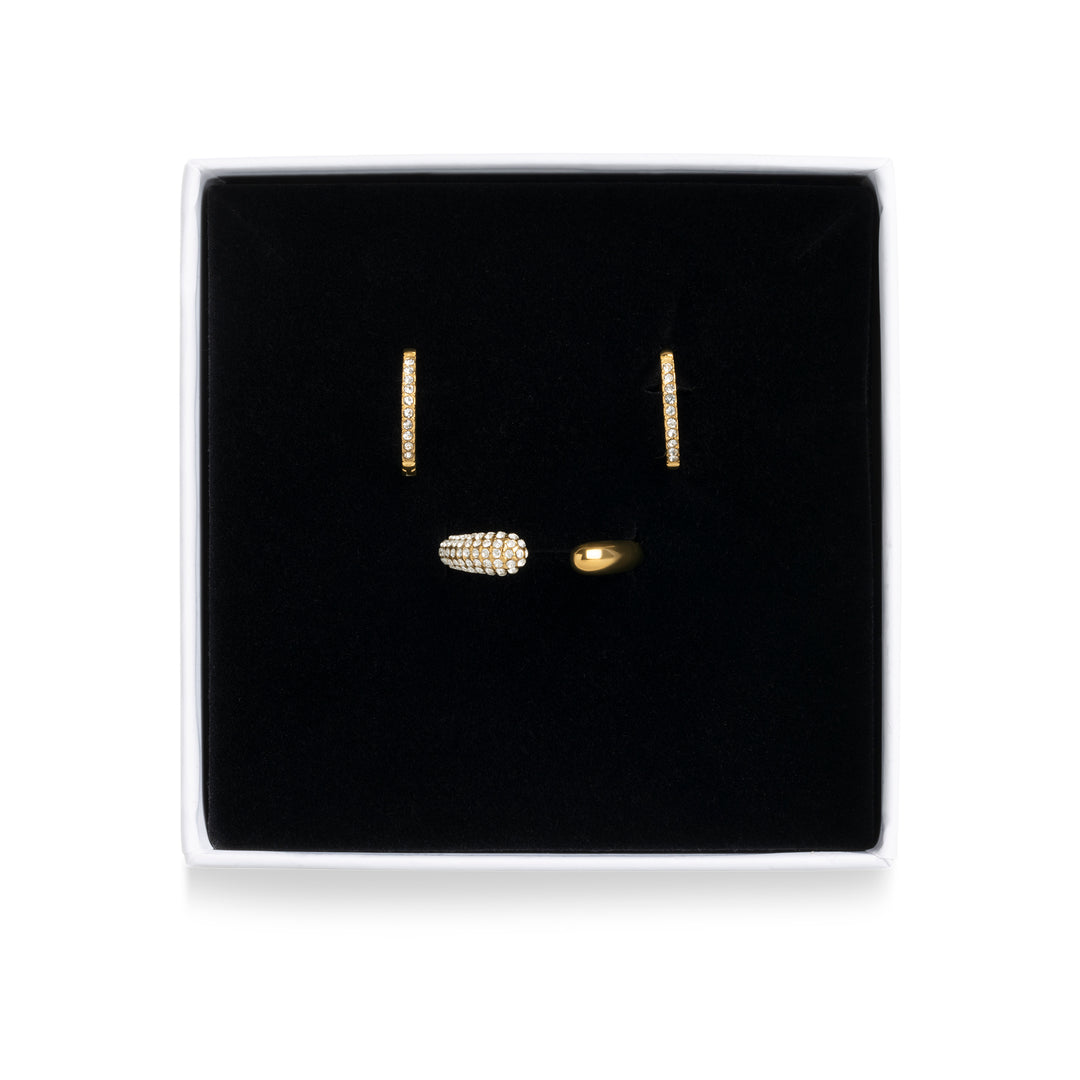 Kristallikorvakorut ja sormussetti ruostumattomasta teräksestä