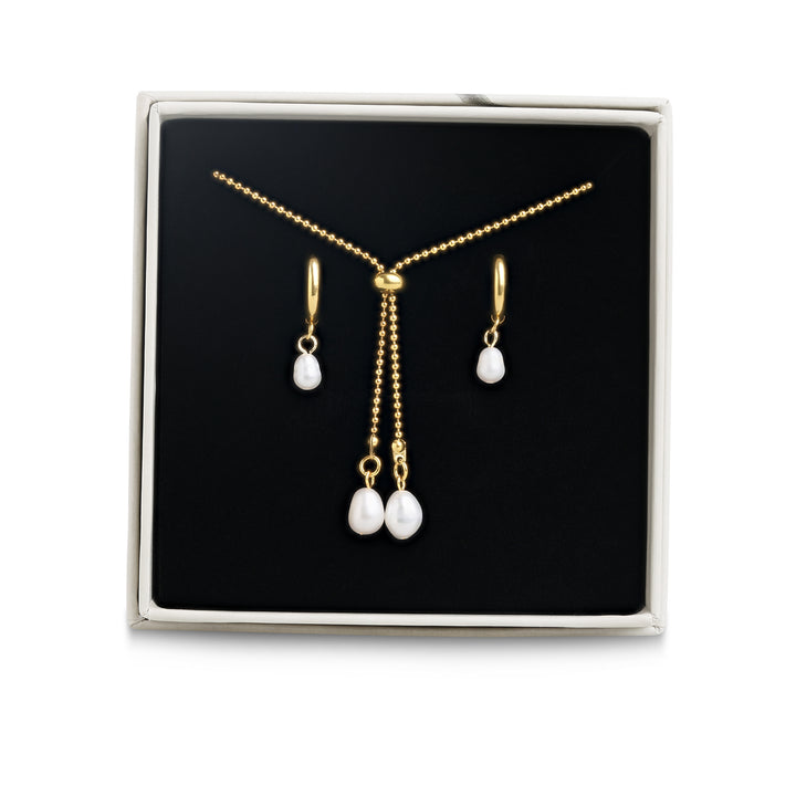 Jewellery Set - Pearl Earrings & Necklace Stainless Steel