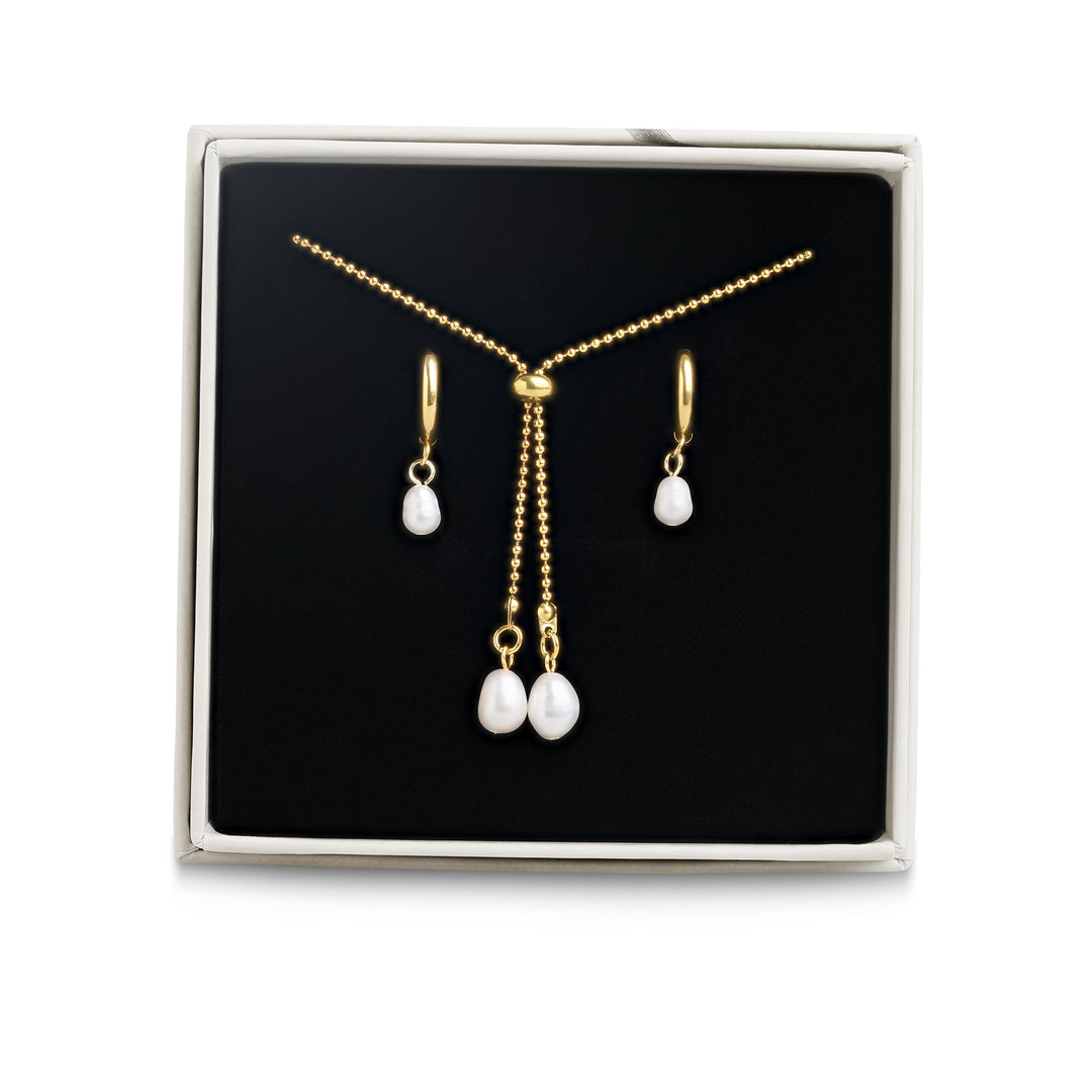 Jewellery Set - Pearl Earrings & Necklace Stainless Steel